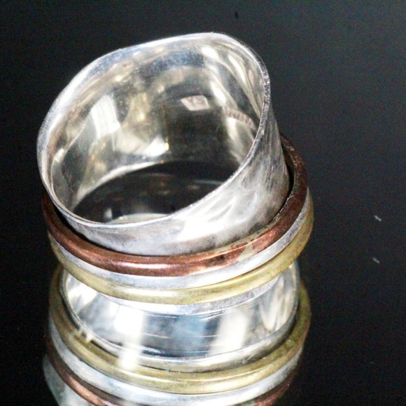 Sterling Silver Brass Modernist Hammered Wide Band Ring - Picture 6 of 8